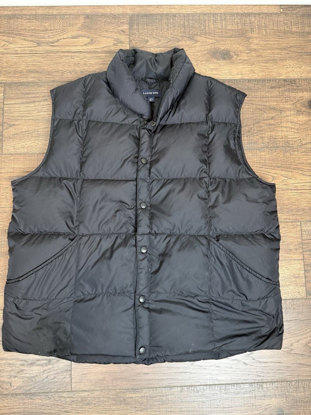 LANDS END Goose Down Puffer Vest Men's XL Black Button Up Hiking Winter